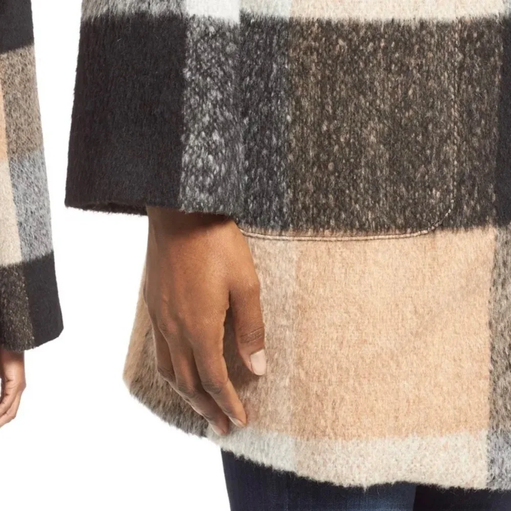 BADGLEY MISCHKA 'Maxine' Plaid Longline Wool Coat, tan/black/white